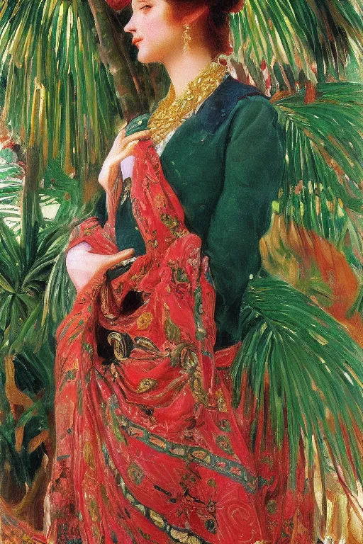 Image similar to a girl with arabesque red and green and golden detailed scarf set on a detailed persian carpet, tree palms in background, painting by john singer sargent