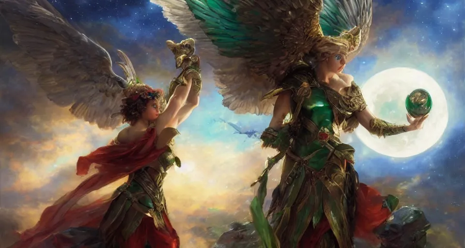 Prompt: emerald valkyrie vaholds the moon and the son, in the background you can see the universe. by Daniel F. Gerhartz, hyperrealistic oil painting, 4k, very detailed faces, studio lightning