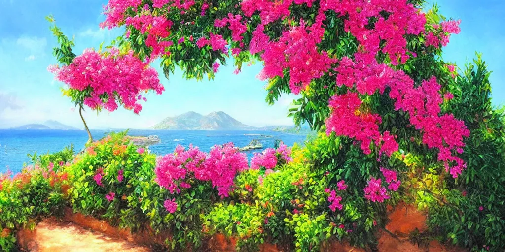 Image similar to beautiful hyper realistic oil painting of a provencal landscape with bougainvillea and near the sea