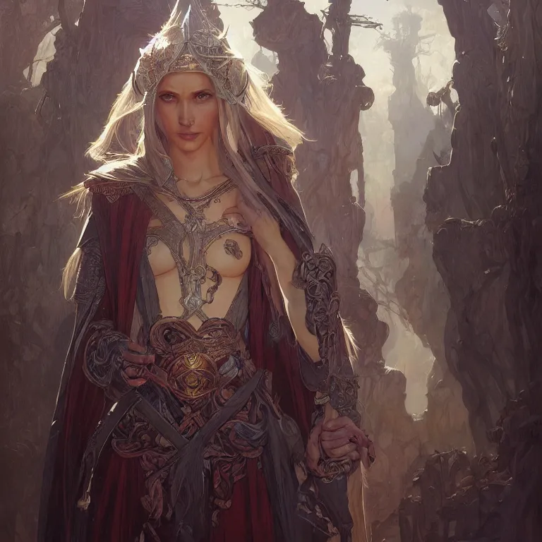 Image similar to portrait of an elf queen, D&D, fantasy, highly detailed, digital painting, artstation, concept art, smooth, sharp focus, illustration, art by greg rutkowski and alphonse mucha and Marta Dahlig