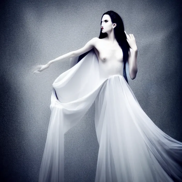 Prompt: photo portrait of a beautiful woman like a dark fallen angel, total body dressed in long elegant intricate ornamental white dress, fine art photography by Giovanni Gastel, professional studio dramatic lighting, volumetric lighting, dramatic colors scheme , hyper realistic photography in style of Vogue Fashion magazine