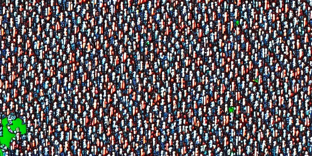 Image similar to where is waldo in a huge sci fi city millions of tiny humans and aliens