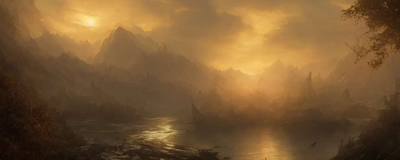 Prompt: a dark and golden landscape, with golden rivers and mystical birds that fly along, very detailed concept art, matte painting, digital art, concept art, realistic beautiful, trending on Artstation, Greg Rutkowski