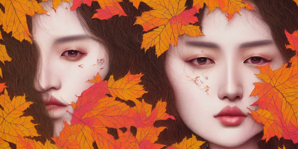 Image similar to breathtaking detailed pattern pastel colors of a woman made of autumn leaves, by hsiao - ron cheng, bizarre compositions, exquisite detail, 8 k