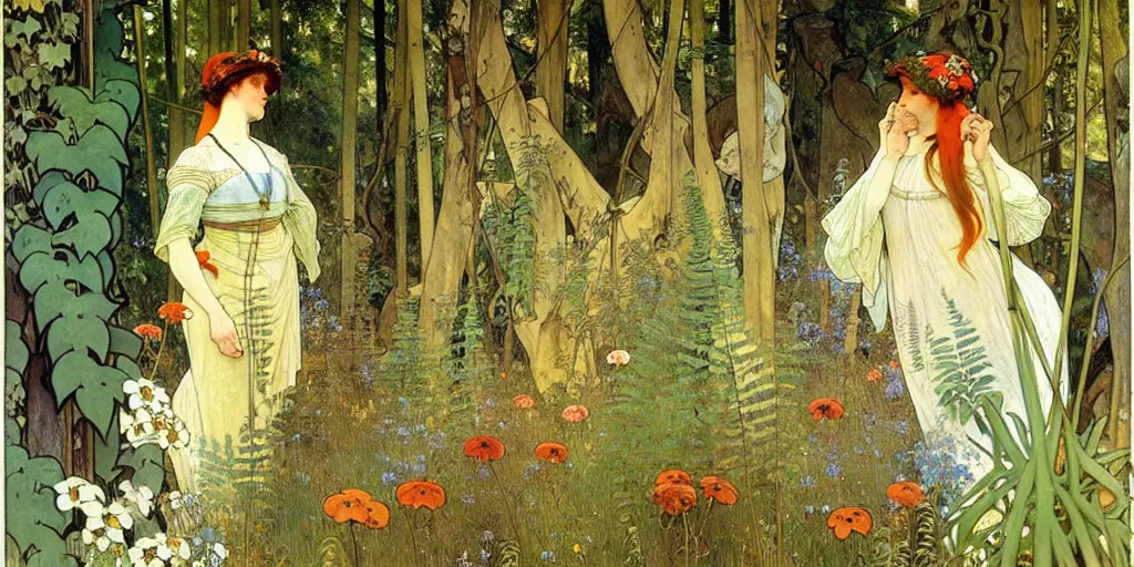 Image similar to a beautiful painting of wild animals in the woods with vines and ferns and flowers, painted by carl larsson and alphonse mucha