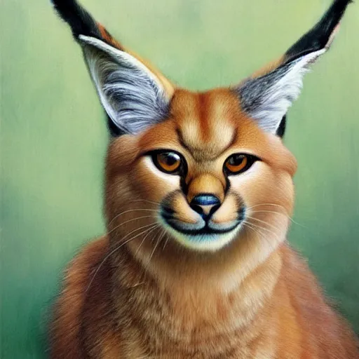 Image similar to fullbody portrait of cute fluffy caracal, wearing laurel wreath on his head, illustration, high detail, francine van hove