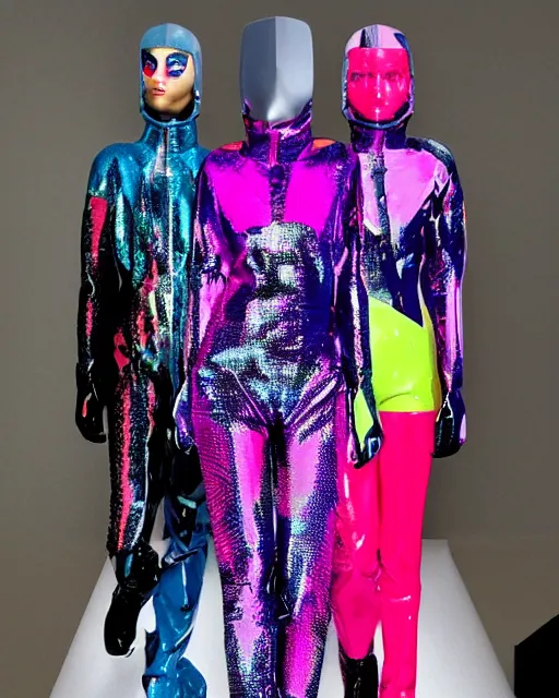 Image similar to a leaked screenshot of Balenciaga's fall 2049 collection, prismatic, dazzle camouflage!, dayglo pink, dayglo blue, Bladerunner, cyberpunk