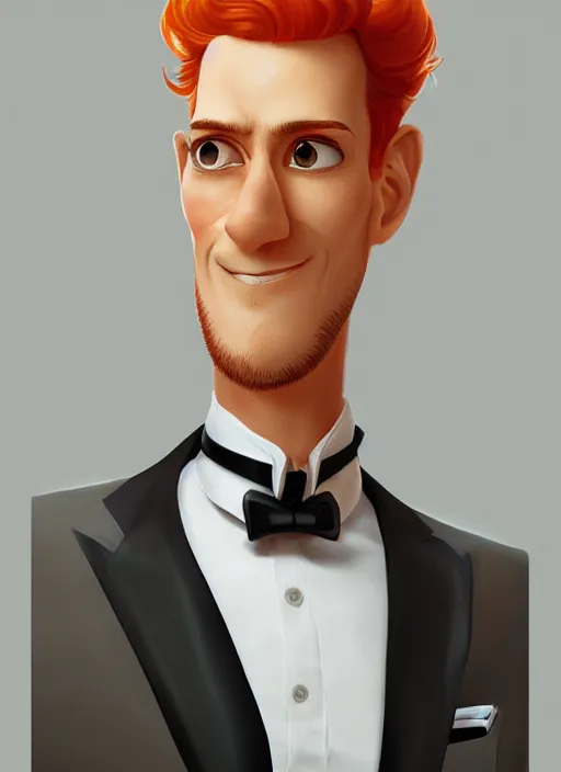 Image similar to illustration of a short curly orange hair man with tuxedo as a portrait, smooth, reflects, masterpiece artwork, ultra detailed, artgerm, style by pixar, digital art, trending on artstation, behance, deviantart