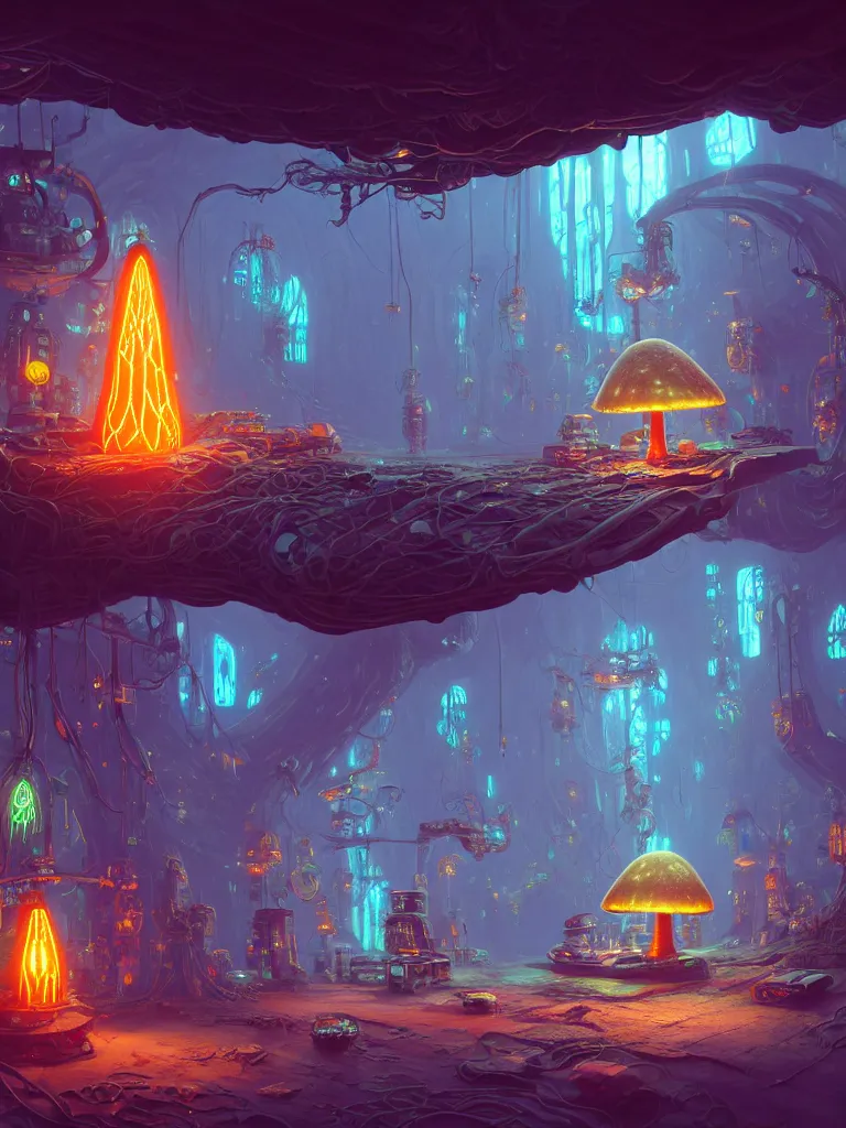 Prompt: the interior of a celestial cyberpunk cottage in a bioluminescent tree trunk decorated beautifully, lots of cyberpunk design elements like gigantic toadstool mushrooms and robots, warm sunlight shining in, lots of plants and cables, concept art 8 k resolution, fantasy illustration, sharp focus, detailed painting, deep color, volumetric lighting, crepuscular rays