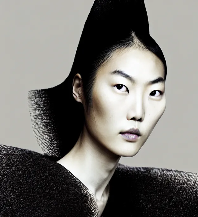 Image similar to photography facial portrait of liu wen, natural background, natural pose, wearing stunning cape by iris van herpen, with a colorfull makeup. highly detailed, skin grain detail, photography by paolo roversi, nick knight, helmut newton, avedon, araki