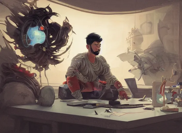 Image similar to an insanely detailed painting of an asian man wearing a homemade superhero costume, sitting at a desk, staring seriously at the computer and typing, in the style of peter mohrbacher, james jean, artgerm, dramatic lighting and composition, surreal background, octane render, pixar, trending on artstation, concept art, comic book, view from behind, 8 k