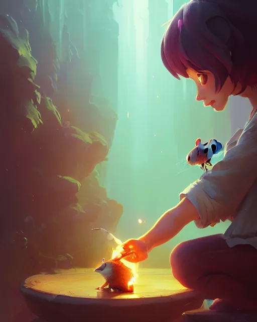 Image similar to highly detailed vfx portrait of a cute little rat casting fire magic, unreal engine, greg rutkowski, loish, rhads, beeple, makoto shinkai and lois van baarle, ilya kuvshinov, rossdraws, tom bagshaw, alphonse mucha, global illumination, detailed and intricate environment