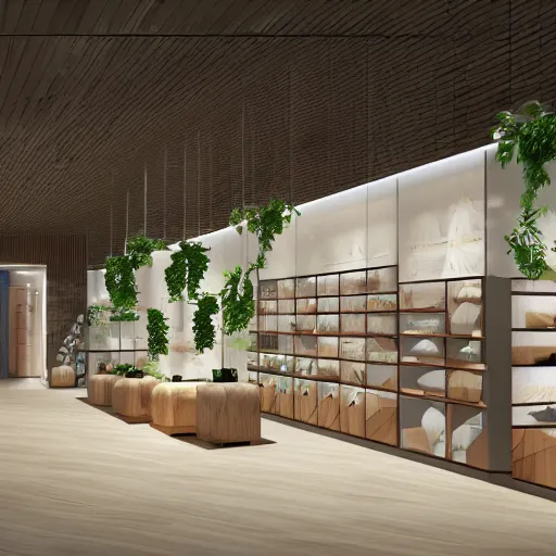 Image similar to an 8k render ceramics shop interior with wooden panels and greenery