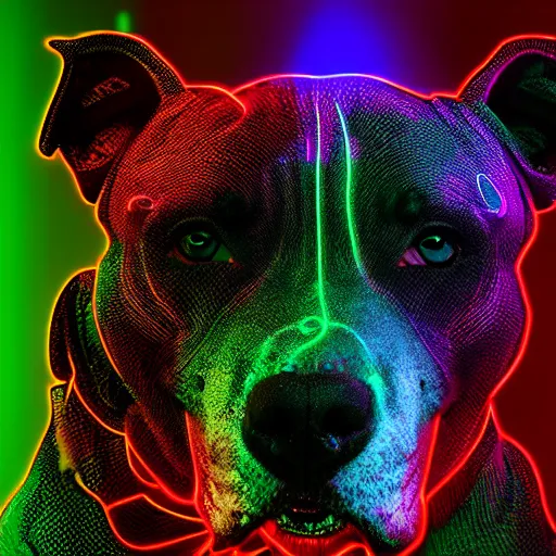 Image similar to an amazing glitch art photo of a cute mad pitbull. glowing neon lights, glitchery, intricate, epic lighting, cinematic composition, hyper realistic, 8 k resolution, unreal engine 5
