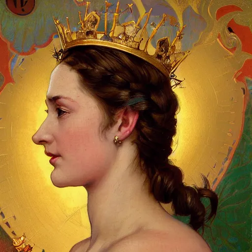 Prompt: left side portrait of a young queen with a golden crown, head only, headshot, royalty, surrounded by gold leaves by Stanley Artgerm Lau , greg rutkowski, thomas kindkade, alphonse mucha, loish, norman rockwell, J. C. Leyendecker. dark brown hair, mouth slightly open, thorn border around the image. D&D, fantasy. Trending on artstation rule of thirds extremely detailed render, extremely realistic, detailed lighting, octane hd 4k