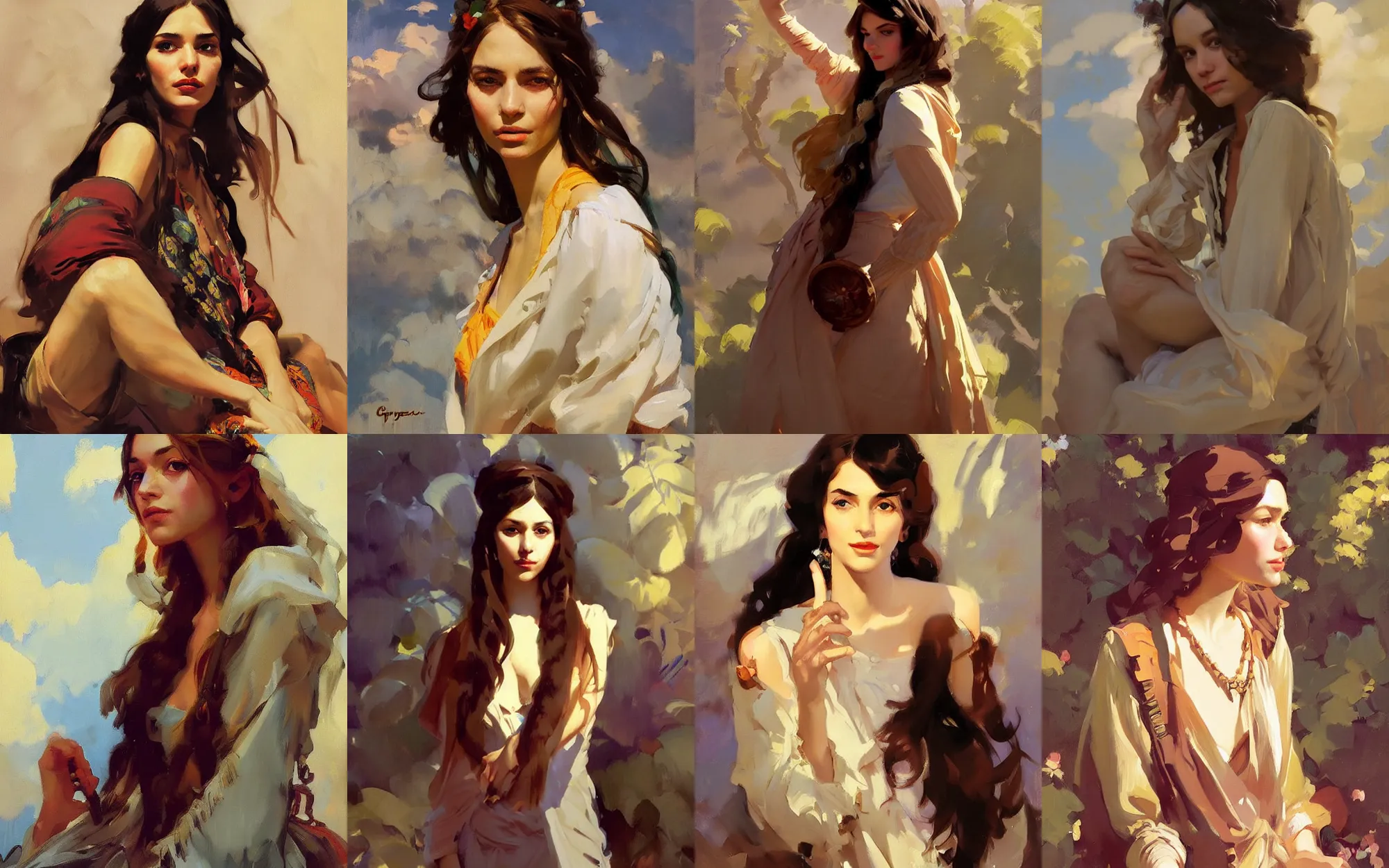 Prompt: portrait of vintage hippie boho russian iranian model girl traveler greg manchess painting by sargent and leyendecker, studio ghibli, fantasy, medium shot, asymmetrical, intricate, elegant, matte painting, illustration, hearthstone, by greg rutkowski, by greg tocchini, by james gilleard, by joe fenton