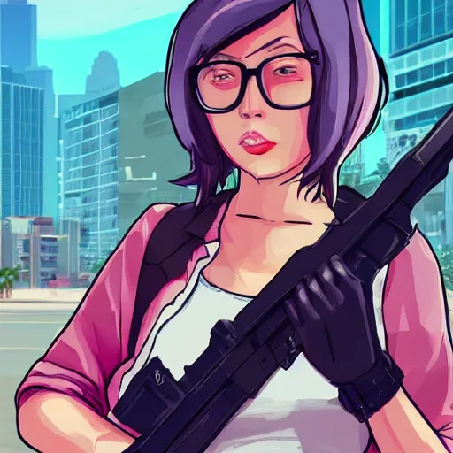 Prompt: LilyPichu in the style of gta san andreas, holding assault rifle in the style of artgerm, rossdraws