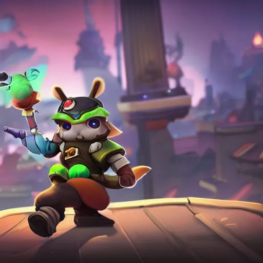 Prompt: teemo is the newest overwatch character, kings row in the background, octane render, blender render, unreal engine, standing pose, cinematic lighting, symmetrical, never underestimate the power of the scouts code