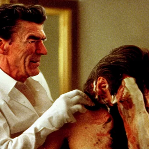 Image similar to Still of Ronald Regan removing his human skin, revealing his lizard body, in the style of Eyes Wide Shut (1999)