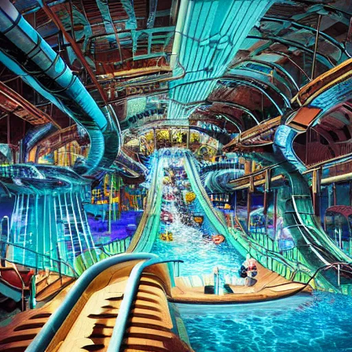 Image similar to cavernous underground waterpark with water slides, digital art, epic composition, highly detailed, cinematic lighting