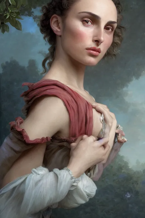 Image similar to Nathalie Portman portrait in a fantasy comic book, style portrait painting of François Boucher, Oil Painting, unreal 5, DAZ, hyperrealistic, octane render, Regal, Refined, Detailed Digital Art, RPG portrait, William-Adolphe Bouguereau, Michael Cheval, dynamic lighting, Highly Detailed, Cinematic Lighting, Unreal Engine, 8k, HD