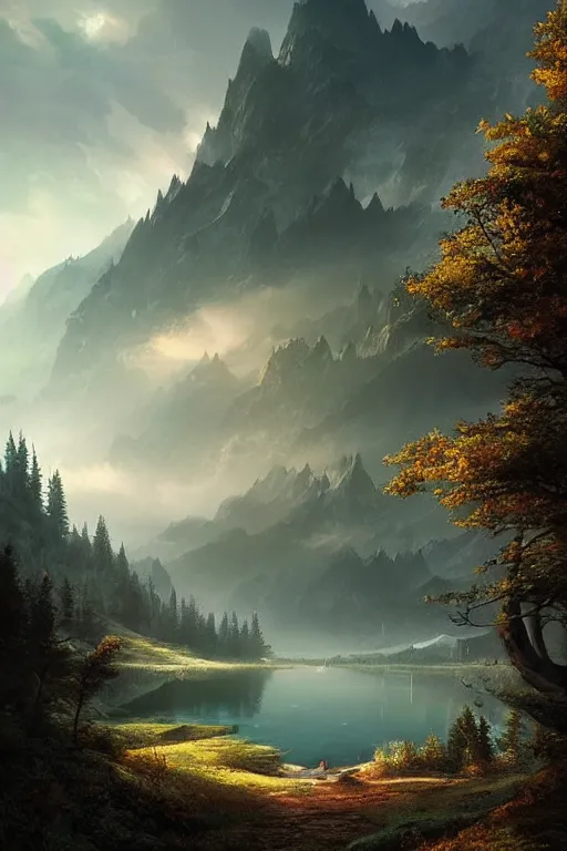 Prompt: beautiful matte painting by arthur gurin concept art fantasy path mountains and meadow in the background near a lake reflecting the trees, atmospheric lighting, painted, intricate, volumetric lighting, beautiful, rich deep colors masterpiece, sharp focus, ultra detailed by