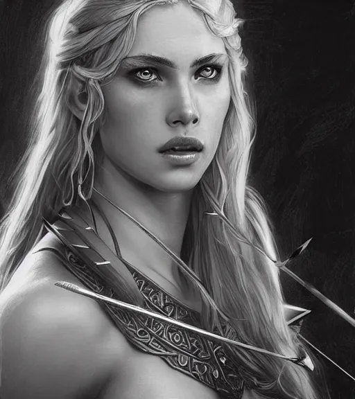 Prompt: portrait of astonishing aphrodite goddess as an archer warrior, arrow, beautiful piercing eyes, flowing blonde hair, realistic face, black and white drawing, in the style of greg rutkowski, fantasy, amazing detail, epic, intricate, elegant, smooth, sharp focus