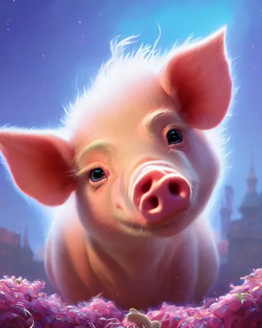 Image similar to highly detailed vfx portrait of a cute little piglet with a magician outfit, unreal engine, greg rutkowski, loish, rhads, beeple, makoto shinkai and lois van baarle, ilya kuvshinov, rossdraws, tom bagshaw, alphonse mucha, global illumination, detailed and intricate environment