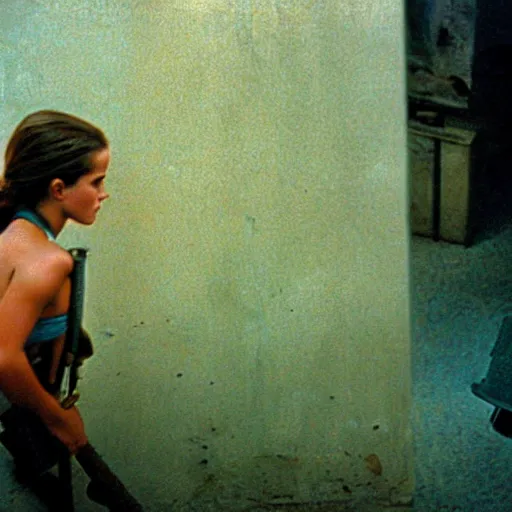 Image similar to film still, extreme far view, emma watson vietnam door gunner, film still from apocalypse now ( 1 9 7 9 ), 2 6 mm, kodak ektachrome, blue tint expired film,