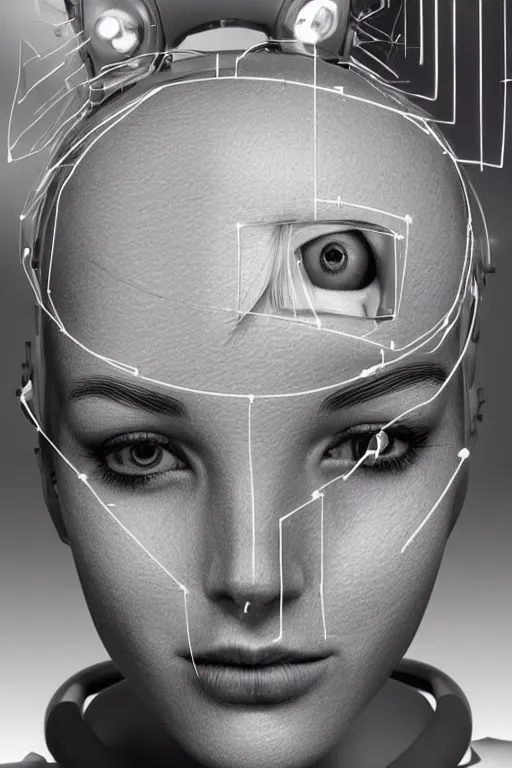 Image similar to robot with human face, female head, full body angle, woman human face, human face realistic, beautiful blonde hair, human head, human head with blonde hair, blonde hair human head, blonde hair, human realistic face, human head skin, cyborg frame concept, cyborg by ales-kotnik, sci-fi android female, the body is made of wires, robotic body, cyborg body, cyborg bust body, robot body cyborg, full body