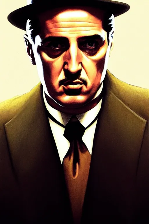 Prompt: clear portrait of the godfather from the movie, cottagecore!!, mafia background hyper detailed, character concept, full body, dynamic pose, intricate, criminal appearance, highly detailed, digital painting, artstation, concept art, smooth, sharp focus, illustration, art by artgerm and greg rutkowski and alphonse mucha