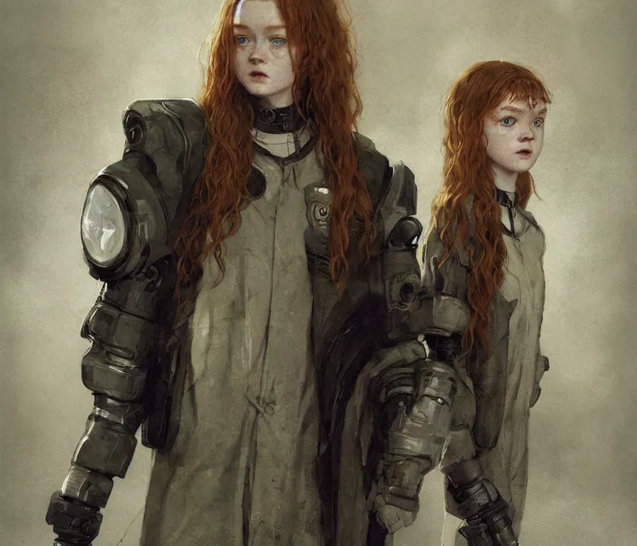 Image similar to sadie sink dressed in oversized school uniform : costume concept for a scifi cyberpunk film. by greg rutkowski, greg staples, gustave courbet, rosa bonheur. sharp focus, cinematic atmosphere, detailed and intricate, perfect anatomy
