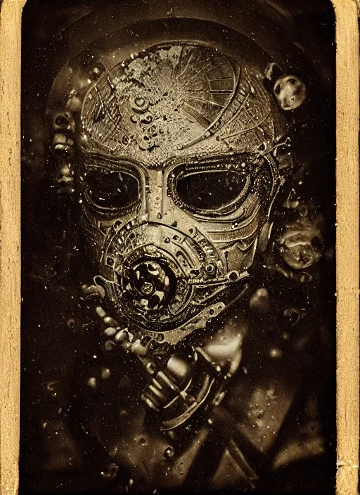 Image similar to old wetplate daguerreotype portrait of the birth of a masked dangerous super villain, explosion of data fragments, fractal, intricate, elegant, highly detailed, parallax, leica, medium format, subsurface scattering, by jheronimus bosch and greg rutkowski and louis jacques mande daguerre