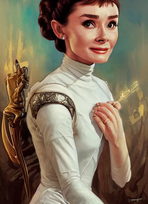 Image similar to Audrey Hepburn as Princess Leia, fantasy, intricate, elegant, highly detailed, digital painting, artstation, concept art, smooth, sharp focus, illustration, art by artgerm and greg rutkowski and alphonse mucha