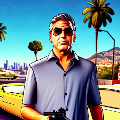 Image similar to george clooney in gta v. los santos in background, palm trees in the art style of stephen bliss