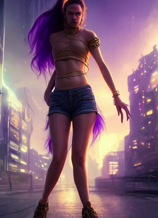 Prompt: young woman wearing shorts and shirt : : purple - gold streets cyberpunk : : weta disney pixar movie still photo : : decadent highly - detailed digital painting, heroic pose, full length shot, golden ratio, octane render, artstation, smooth, sharp focus, artgerm, mucha, loish, wlop, gogo