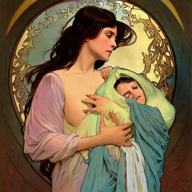 Image similar to an aesthetic portrait of a woman crying mournfully while cradling a swaddled child, by frank frazetta and alphonse mucha, oil on canvas, bright colors, art nouveau, epic composition, dungeons and dragons fantasy art, hd, god - rays, ray - tracing, crisp contour - lines, huhd - 8 k