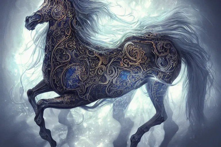 Image similar to a wlop 3 d render of very very very very highly detailed beautiful mystic portrait of a phantom undead horse with whirling galaxy around, tattoos by anton pieck, intricate, extremely detailed, digital painting, artstation, concept art, smooth, sharp focus, illustration, intimidating lighting, golden details, incredible art,