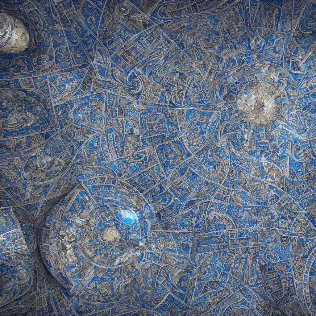 Prompt: technical photography of a huge sacred architectural complex made of marble and metal and blue stones, excavated by sacred marquetry, geometric patterns ornaments, highly detailed, technical, render, digital blueprint, global illumination, ray tracing, nvidia, realistic shaded, photorealistic!!!, volumetric light, octane render