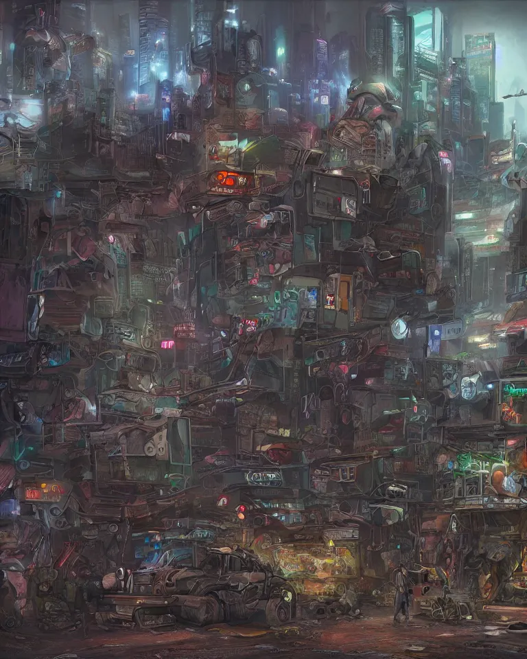 Image similar to a matte painting of a cybernetic junkyard ghost, cyberpunk, shadowrun, in the style of brom