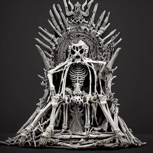 Image similar to A lich sitting on the throne made of bones, magical glow, intricate, sharp details, in the style of Kristian Wåhlin