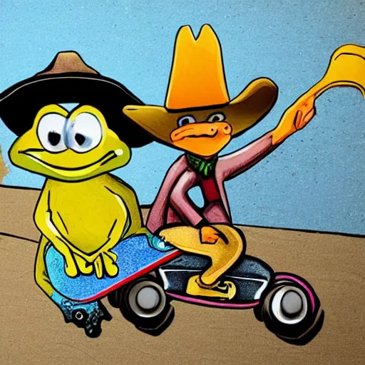 Image similar to a frog wearing a cowboy hat and riding a skateboard