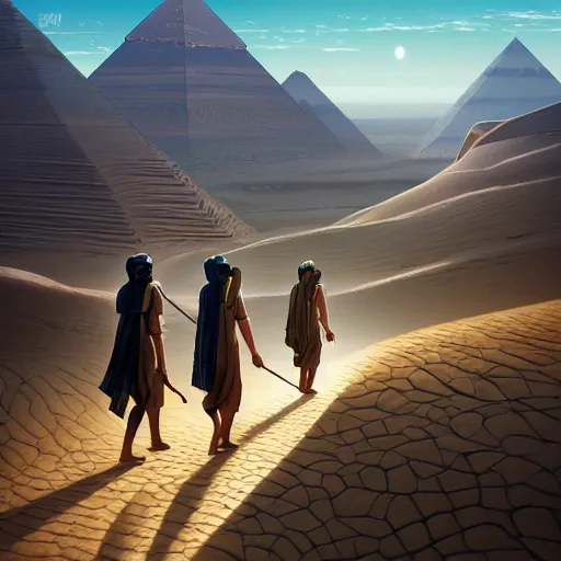 Image similar to highly detailed illustration of people in ancient canaanite clothing walking in the deserts of ancient egypt by makoto shinkai, by oliver vernon, by joseph moncada, by damon soule, by manabu ikeda, by kyle hotz, by dan mumford, by otomo, 4 k resolution