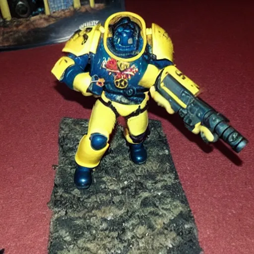 Image similar to real life space marine walking on human bloody dead bodies, shooting with heavy bolt rifle towards demons
