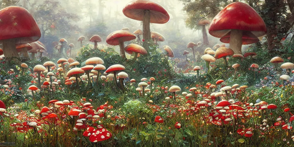 Prompt: landscape, Mushroom Kingdom, Super Mario Theme, hundreds of red and white spotted mushrooms, by Stanley Artgerm Lau , greg rutkowski, thomas kindkade, alphonse mucha, loish, norman Rockwell