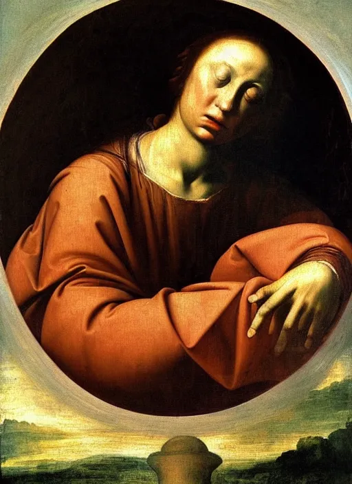 Image similar to renaissance painting of a weeping face enclosed in a circular cloud, painted by raffaello