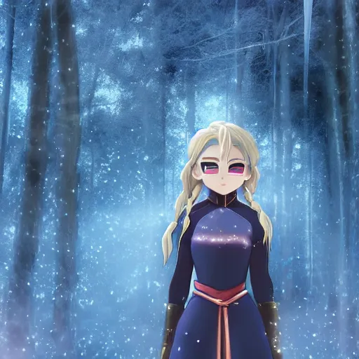 Prompt: portrait focus of Supa Saiyajin beautiful 3D anime girl!!! Frozen ice armor wearing!! dark forest background, snowing, bokeh, inspired by Masami Kurumada, digital painting, high contrast, unreal engine render, volumetric lighting, high détail