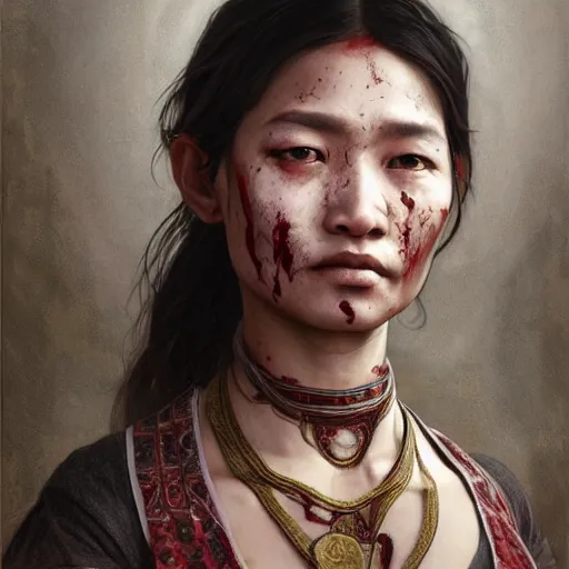 Image similar to portrait painting of a bloodied nepali female butcher, ultra realistic, concept art, intricate details, eerie, highly detailed, photorealistic, octane render, 8 k, unreal engine. art by artgerm and greg rutkowski and alphonse mucha