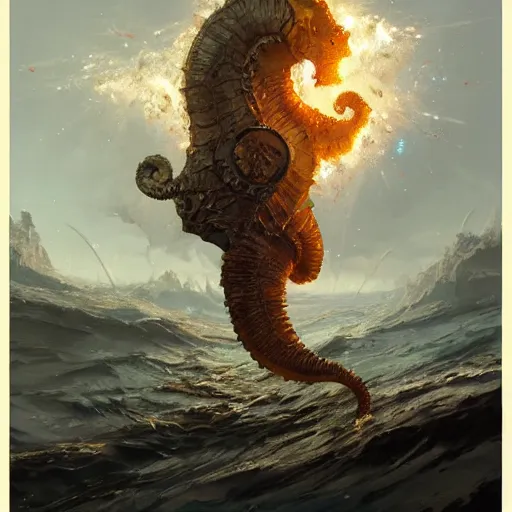 Image similar to a beautiful painting by greg rutkowski and michael whelan, trending on artstation a wasteland of nuclear bombs that failed to go off, 8k resolution incredible digital illustration added Featured seahorse nailed to gold chainsword