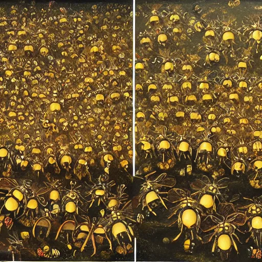 Image similar to a swarm of bumblebees attacking + + sleeping people in hell + +, art by bosch, highly detailed, masterpiece